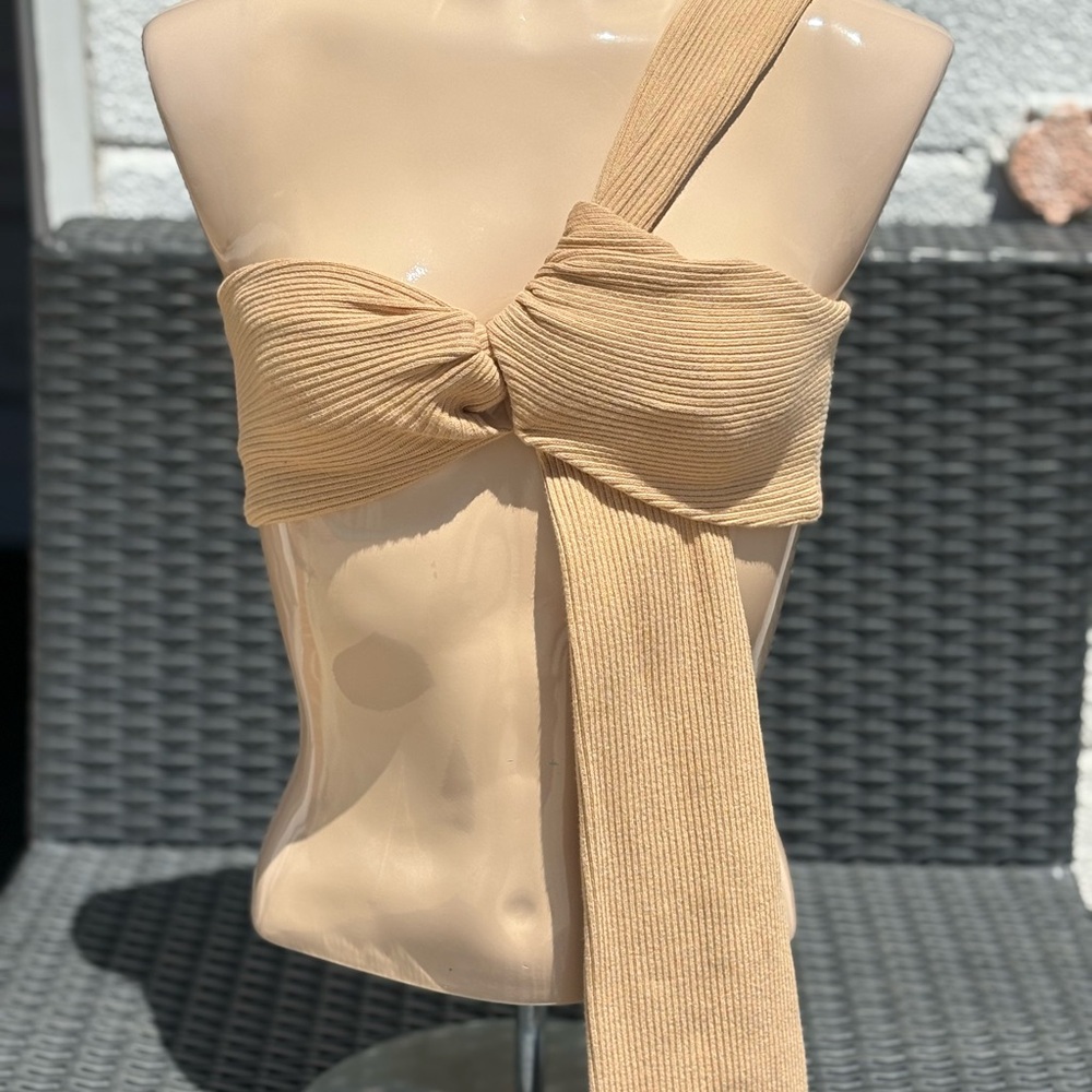 Tan Ribbed One-Shoulder Top